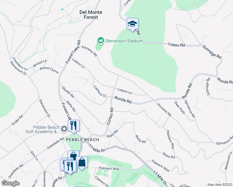 map of restaurants, bars, coffee shops, grocery stores, and more near 1420 Lisbon Lane in Del Monte Forest