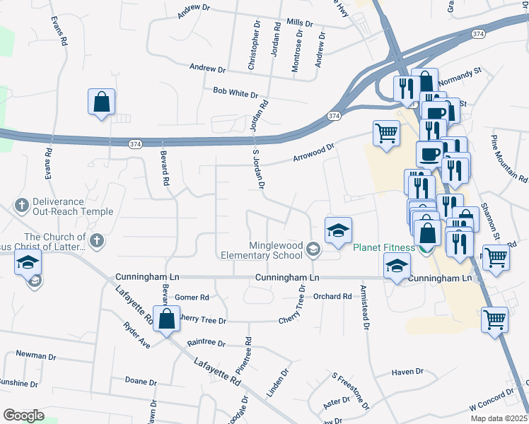 map of restaurants, bars, coffee shops, grocery stores, and more near 355 Peabody Drive in Clarksville