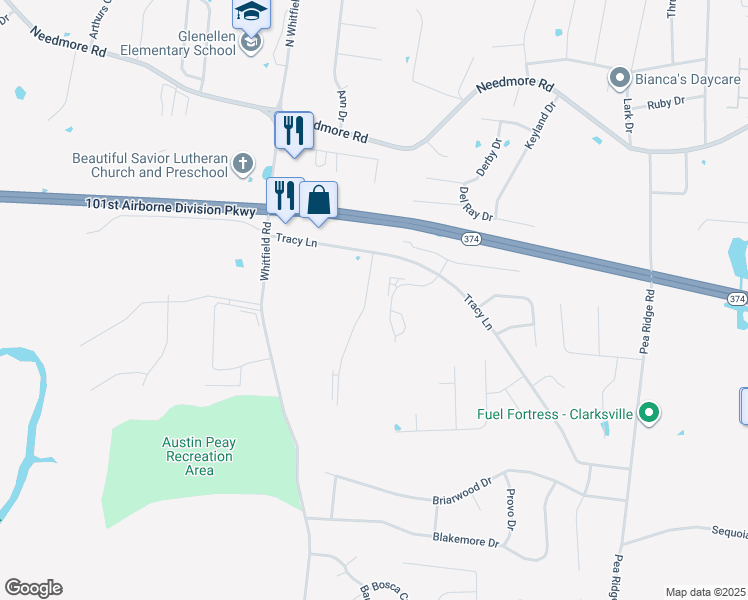 map of restaurants, bars, coffee shops, grocery stores, and more near 2272 McCormick Lane in Clarksville