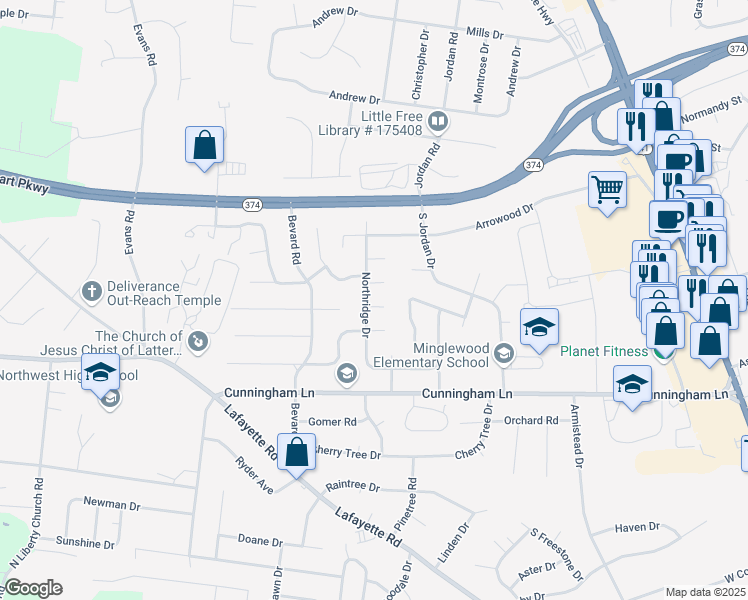 map of restaurants, bars, coffee shops, grocery stores, and more near 101 Cornelia Court in Clarksville