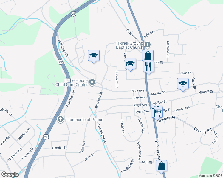 map of restaurants, bars, coffee shops, grocery stores, and more near 369 May Avenue in Kingsport