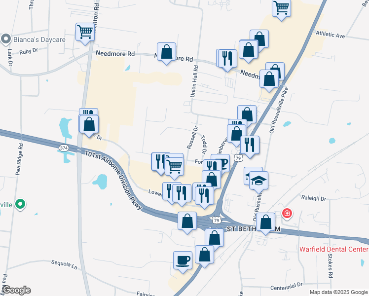 map of restaurants, bars, coffee shops, grocery stores, and more near 6001 Russell Drive in Clarksville