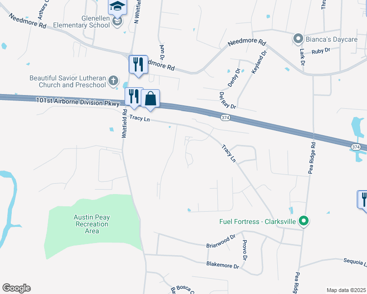 map of restaurants, bars, coffee shops, grocery stores, and more near 2272 McCormick Lane in Clarksville