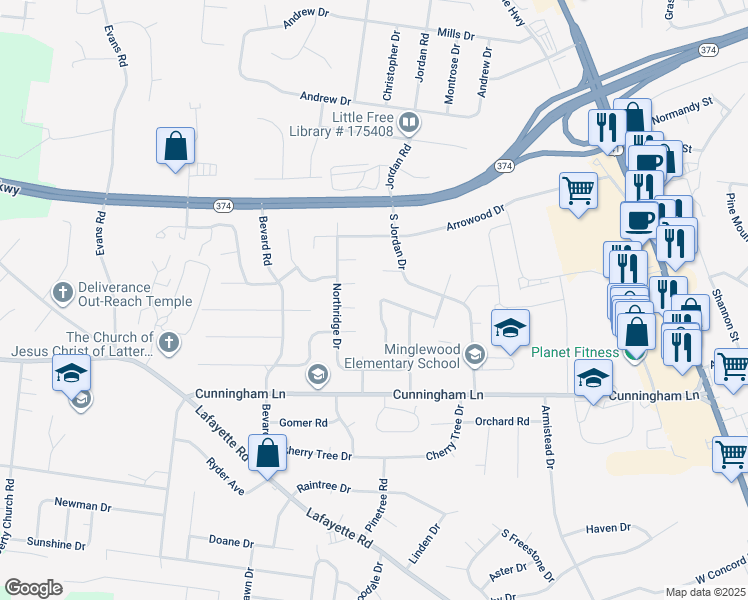 map of restaurants, bars, coffee shops, grocery stores, and more near 367 Peabody Drive in Clarksville