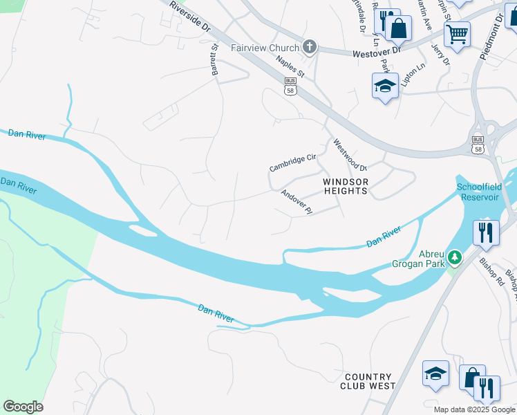 map of restaurants, bars, coffee shops, grocery stores, and more near Shoreham Drive in Danville