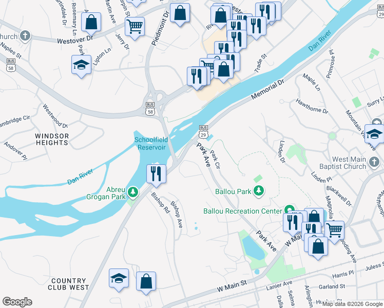 map of restaurants, bars, coffee shops, grocery stores, and more near 1799 Memorial Drive in Danville