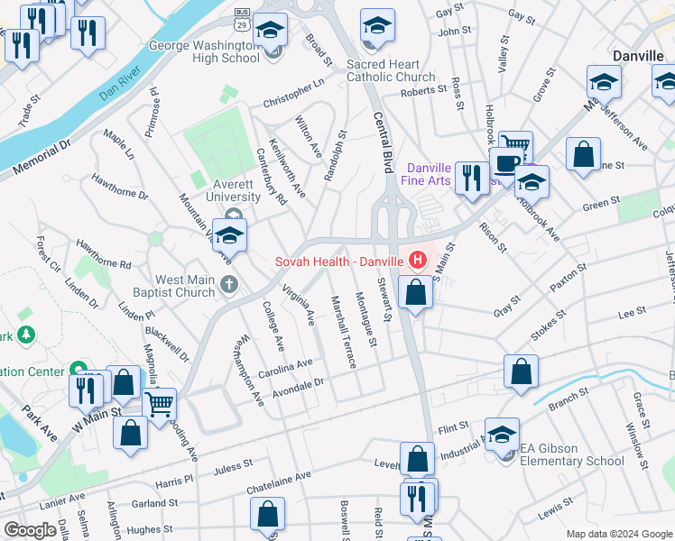 map of restaurants, bars, coffee shops, grocery stores, and more near 119 Mount Vernon Avenue in Danville