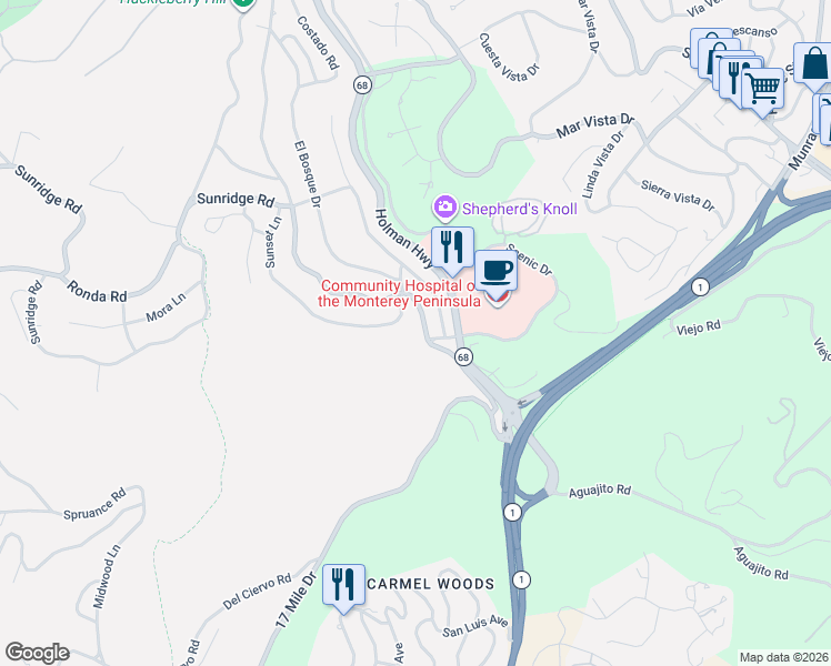 map of restaurants, bars, coffee shops, grocery stores, and more near 4176 Sunset Lane in Del Monte Forest