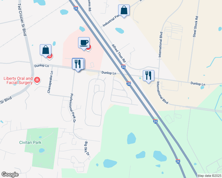 map of restaurants, bars, coffee shops, grocery stores, and more near 139 Alexander Boulevard in Clarksville