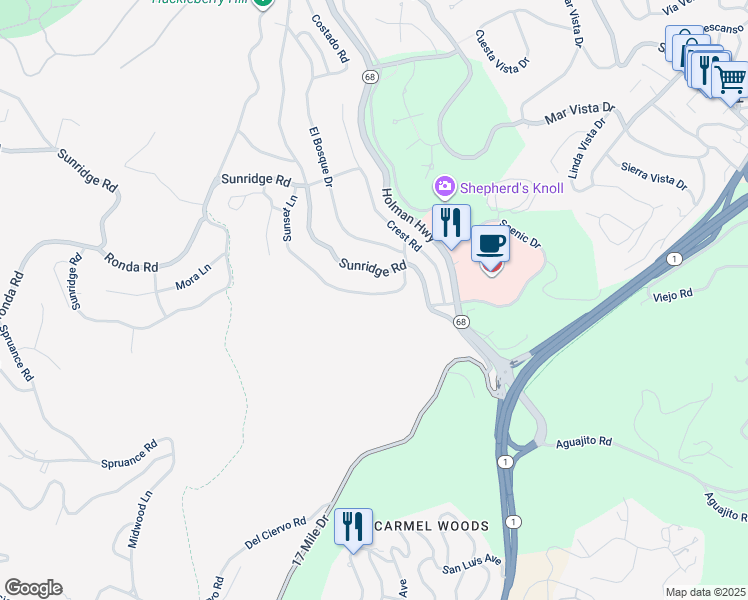 map of restaurants, bars, coffee shops, grocery stores, and more near 4168 Sunset Lane in Del Monte Forest
