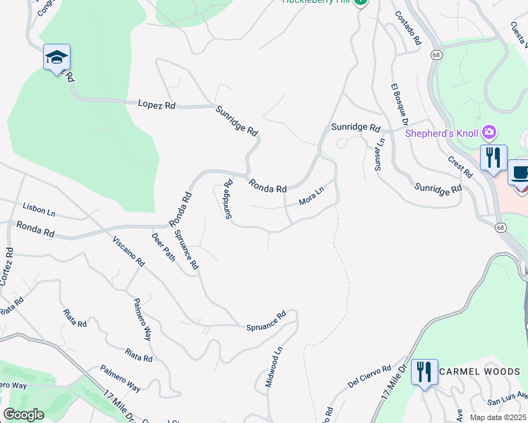 map of restaurants, bars, coffee shops, grocery stores, and more near 4038 Mora Lane in Del Monte Forest
