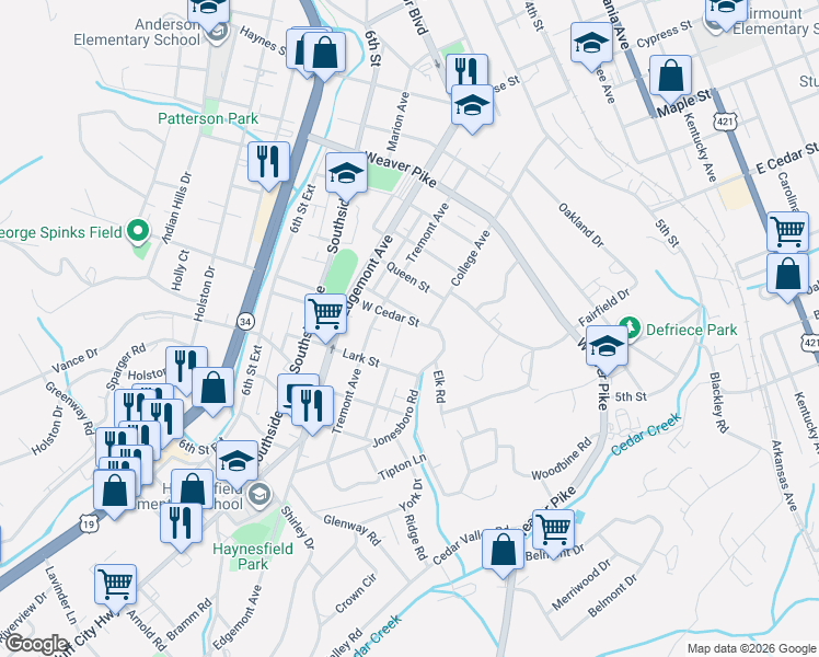 map of restaurants, bars, coffee shops, grocery stores, and more near 115 Pershing Avenue in Bristol