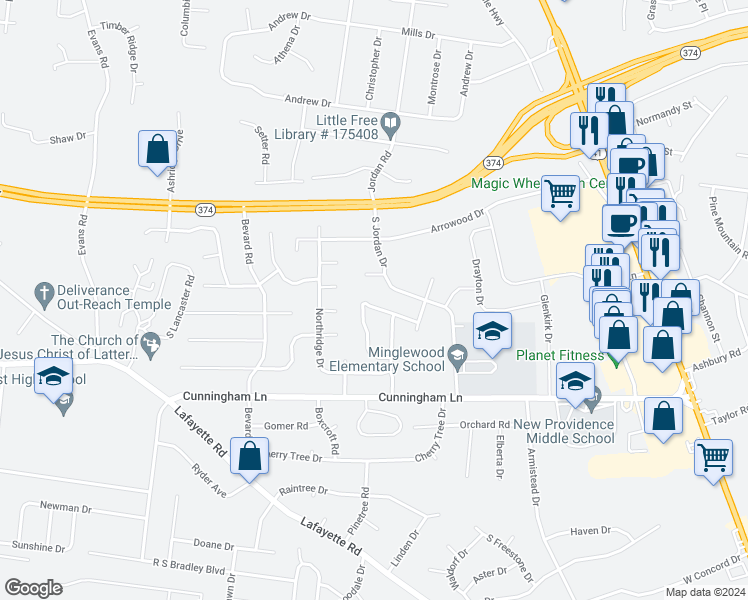 map of restaurants, bars, coffee shops, grocery stores, and more near 367 Peabody Drive in Clarksville