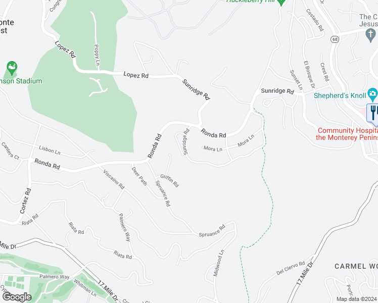 map of restaurants, bars, coffee shops, grocery stores, and more near 4027 Sunridge Road in Del Monte Forest