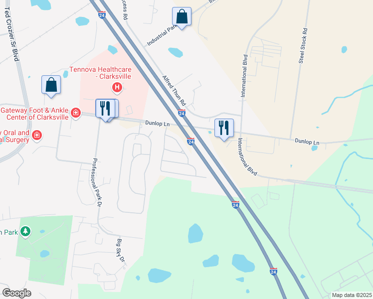 map of restaurants, bars, coffee shops, grocery stores, and more near 352 Sam Houston Circle in Clarksville