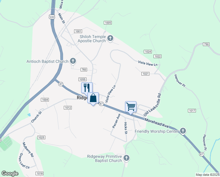 map of restaurants, bars, coffee shops, grocery stores, and more near 818 Vista View Lane in Ridgeway
