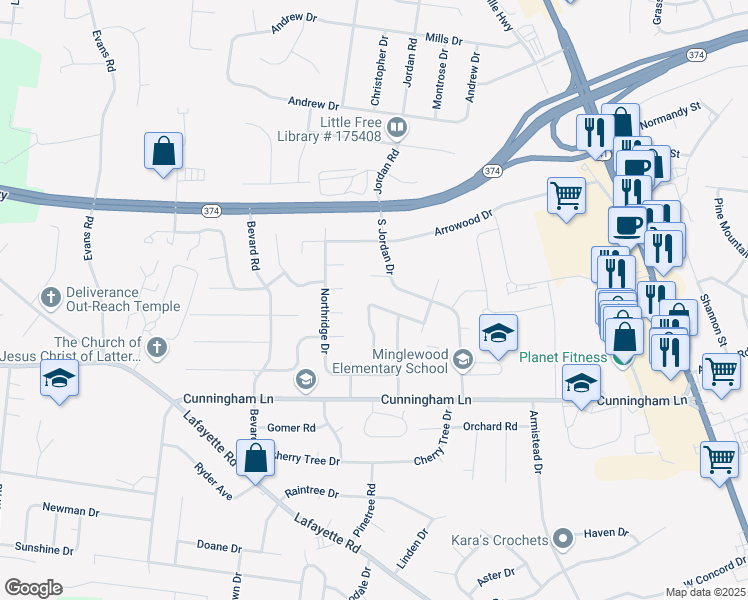 map of restaurants, bars, coffee shops, grocery stores, and more near 361 Peabody Drive in Clarksville