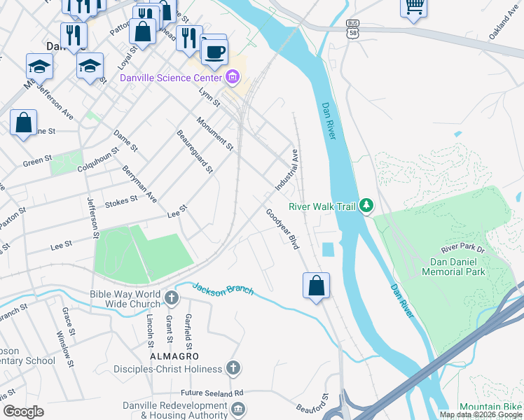 map of restaurants, bars, coffee shops, grocery stores, and more near 401-499 Industrial Avenue in Danville