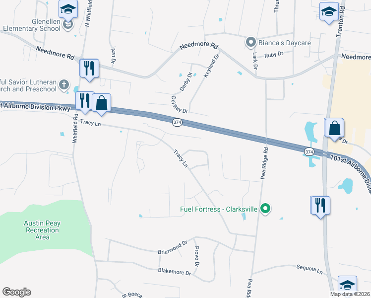 map of restaurants, bars, coffee shops, grocery stores, and more near 745 Tracy Lane in Clarksville