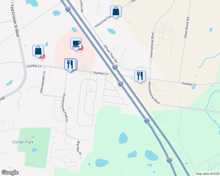 map of restaurants, bars, coffee shops, grocery stores, and more near 87 John Sevier Avenue in Clarksville