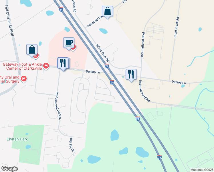 map of restaurants, bars, coffee shops, grocery stores, and more near Ellington Terrace in Clarksville