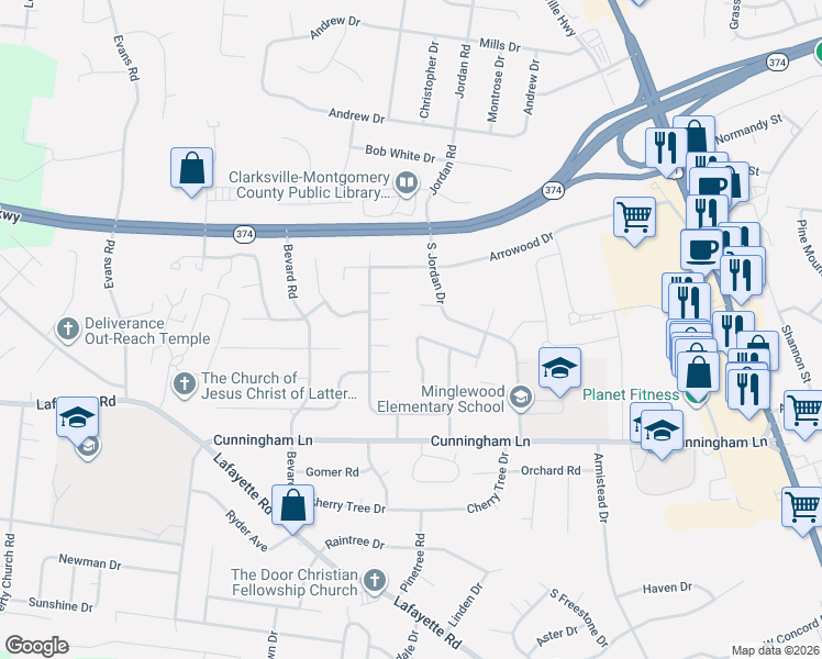 map of restaurants, bars, coffee shops, grocery stores, and more near 363 Peabody Drive in Clarksville