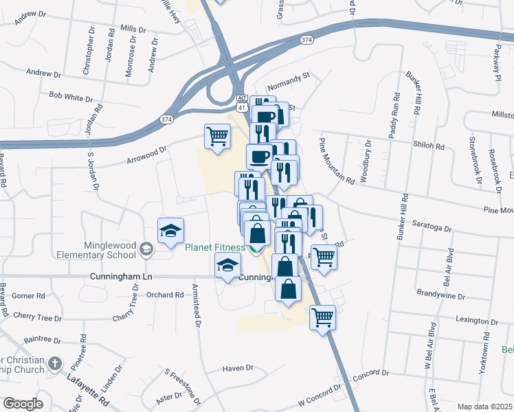 map of restaurants, bars, coffee shops, grocery stores, and more near 1630 Fort Campbell Boulevard in Clarksville