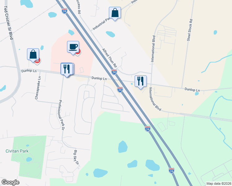 map of restaurants, bars, coffee shops, grocery stores, and more near 352 Sam Houston Circle in Clarksville