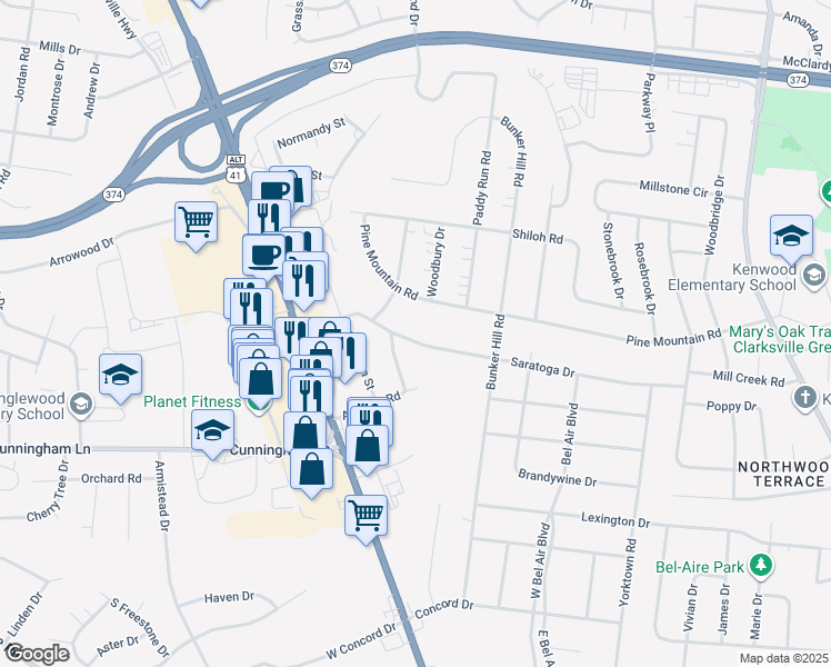 map of restaurants, bars, coffee shops, grocery stores, and more near 305 Shanee Terrace in Clarksville