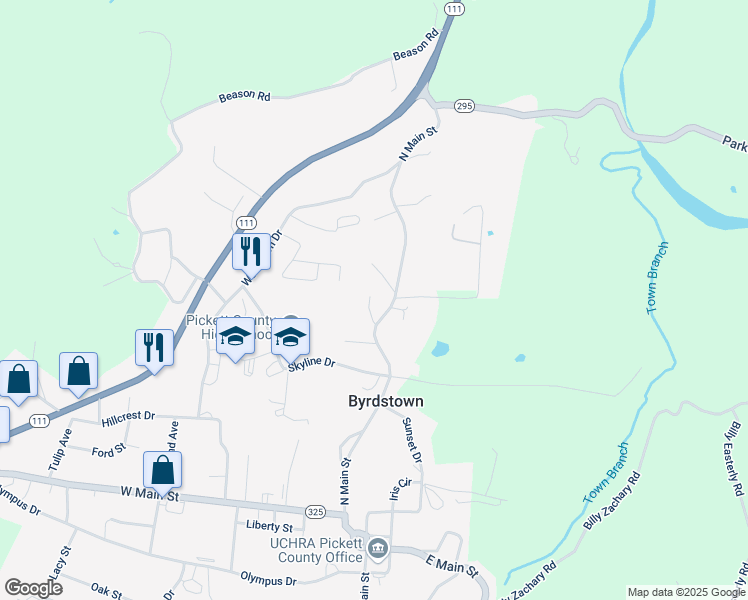 map of restaurants, bars, coffee shops, grocery stores, and more near 525 North Main Street in Byrdstown