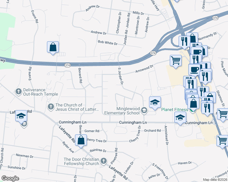 map of restaurants, bars, coffee shops, grocery stores, and more near 367 Peabody Drive in Clarksville