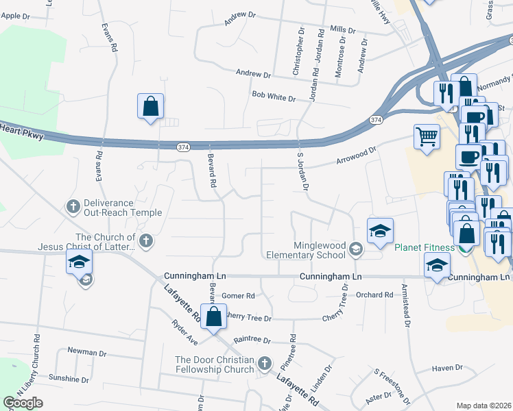 map of restaurants, bars, coffee shops, grocery stores, and more near 101 Cornelia Court in Clarksville