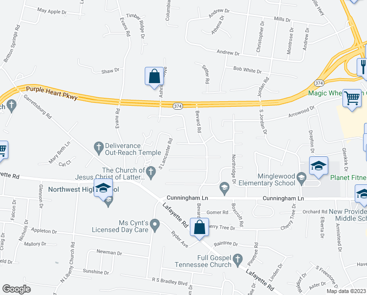 map of restaurants, bars, coffee shops, grocery stores, and more near 412 Bridlewood Road in Clarksville