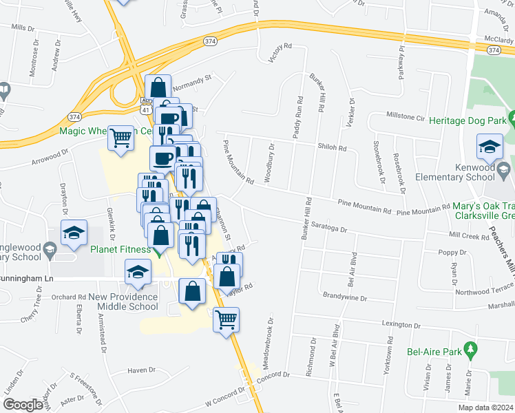 map of restaurants, bars, coffee shops, grocery stores, and more near 305 Shanee Terrace in Clarksville