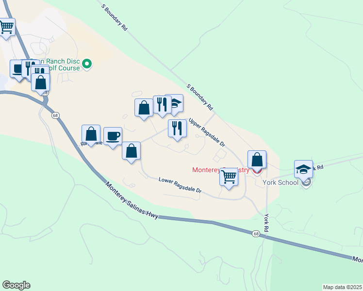 map of restaurants, bars, coffee shops, grocery stores, and more near 2 Upper Ragsdale Drive in Monterey
