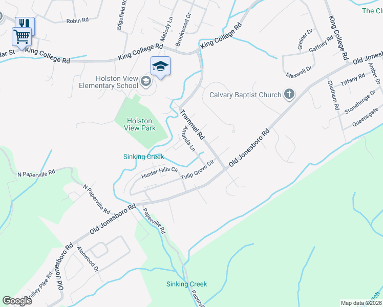 map of restaurants, bars, coffee shops, grocery stores, and more near 201 Hunter Hills Circle in Bristol