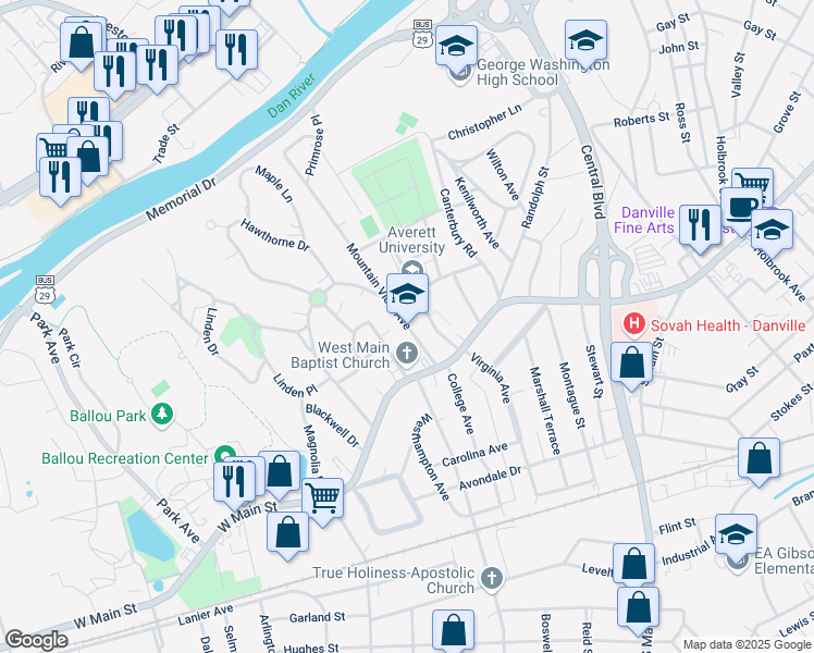map of restaurants, bars, coffee shops, grocery stores, and more near 155 Mountain View Avenue in Danville