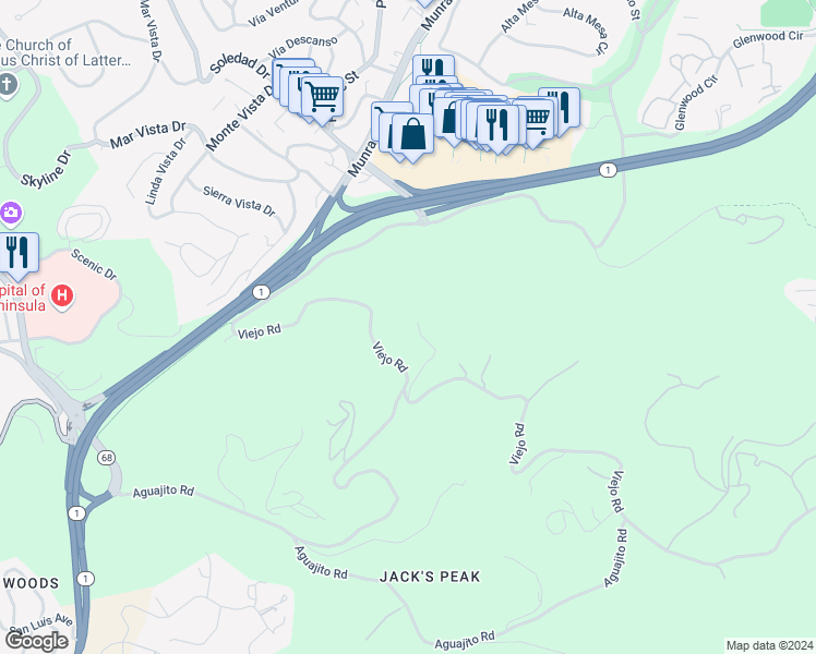 map of restaurants, bars, coffee shops, grocery stores, and more near 594 Viejo Road in Carmel-by-the-Sea
