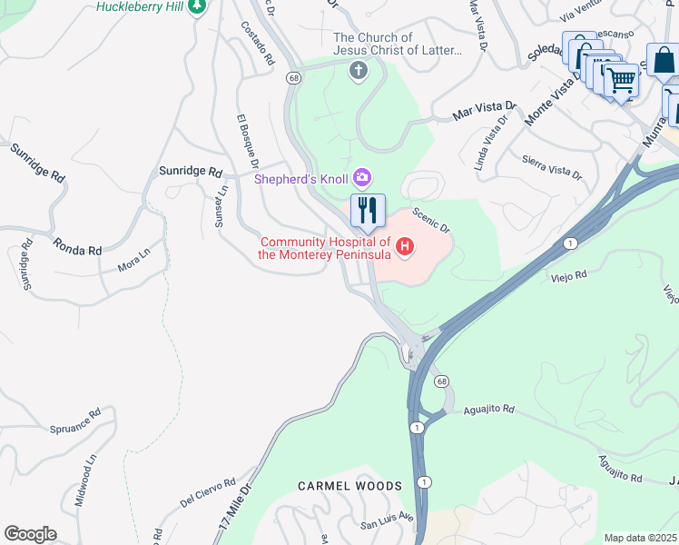 map of restaurants, bars, coffee shops, grocery stores, and more near 4188 Sunridge Road in Del Monte Forest