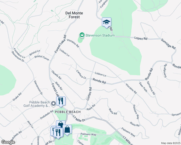 map of restaurants, bars, coffee shops, grocery stores, and more near 1420 Lisbon Lane in Del Monte Forest