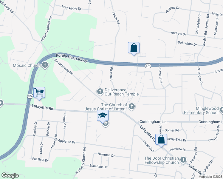 map of restaurants, bars, coffee shops, grocery stores, and more near 1626 Evans Road in Clarksville
