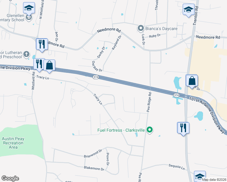 map of restaurants, bars, coffee shops, grocery stores, and more near 772 Cherrybark Lane in Clarksville