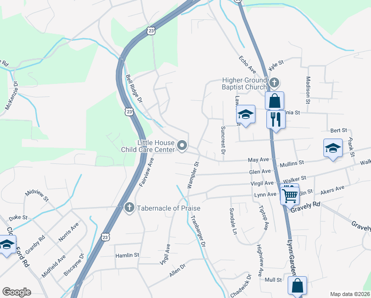 map of restaurants, bars, coffee shops, grocery stores, and more near 409 Wilma Street in Kingsport