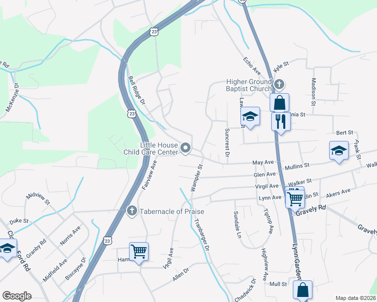 map of restaurants, bars, coffee shops, grocery stores, and more near 409 Wilma Street in Kingsport