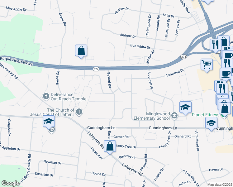 map of restaurants, bars, coffee shops, grocery stores, and more near 1623 Bevard Road in Clarksville