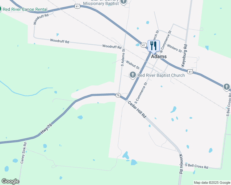 map of restaurants, bars, coffee shops, grocery stores, and more near 7162 Tennessee 76 in Adams