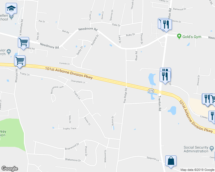 map of restaurants, bars, coffee shops, grocery stores, and more near 2598 Pea Ridge Road in Clarksville