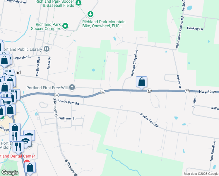 map of restaurants, bars, coffee shops, grocery stores, and more near 100 Portland Courtyard Drive in Portland