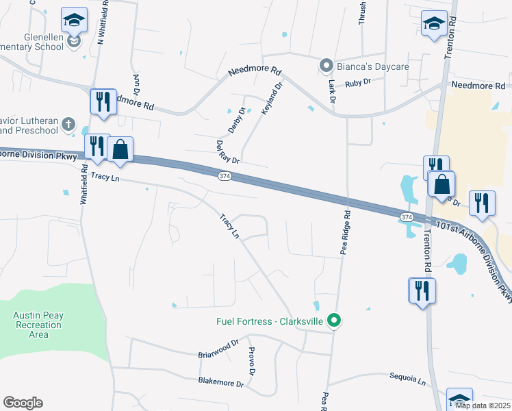 map of restaurants, bars, coffee shops, grocery stores, and more near 776 Cherrybark Lane in Clarksville
