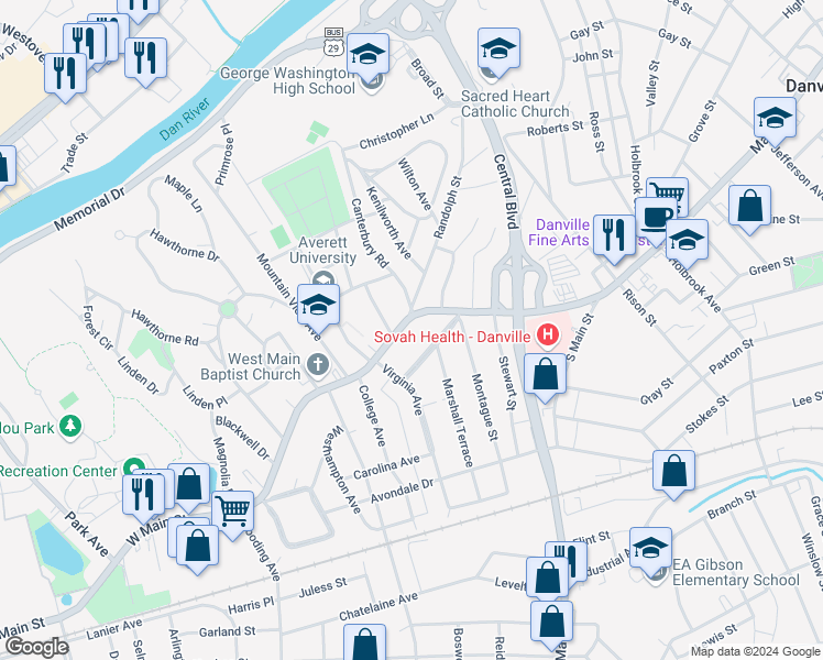map of restaurants, bars, coffee shops, grocery stores, and more near 314 West Main Street in Danville